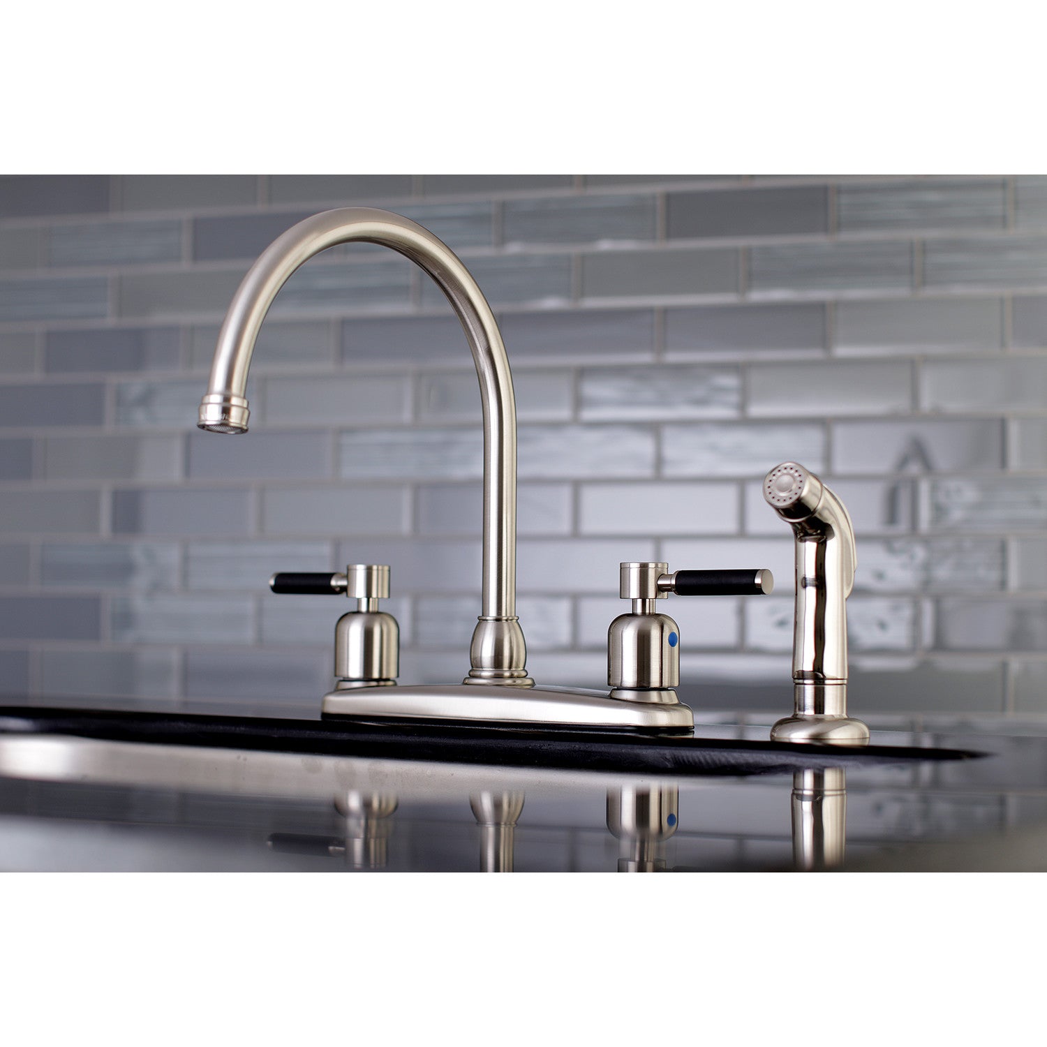 Kingston Tulare FB798DKLSP - Kaiser Two-Handle 4-Hole 8" Centerset Kitchen Faucet with Side Sprayer, Brushed Nickel — thumbnail 2